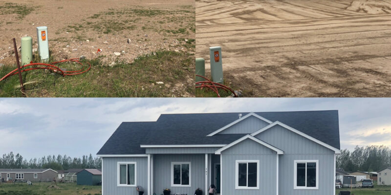 Three images of property showing before, during and after sod installation